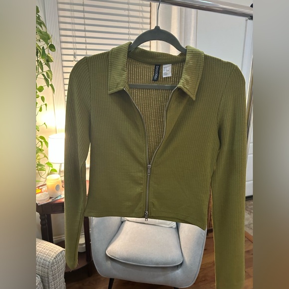 H&M Olive Green Zip Up Ribbed Collar Long Sleeve Shirt - Picture 5 of 6